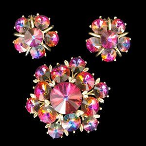 Vintage Volcano Rivoli Stone Rhinestone Brooch & Earring Set